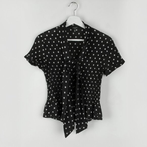Nine West Blouse Polka Dot Top Tie Neck  Short Sleeve Black White 6P - Picture 8 of 8
